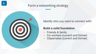 Form a networking strategy
4.
Identify who you want to connect with!
Build a solid foundation
- Friends & family
- Co-workers (current and former)
- Classmates (current and former)
 