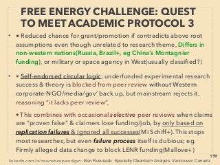 159
• ->>continuing TORSION-SCALAR BOTH examples:
• 22-Torsion/Scalar devices can alter(ie hamper or facilitate depends on
conﬁguration): coherence or order in electron ﬂow, microelectrical bio-
signalling, or coherence of bioorganism oscillation(Far InfraRed
frequency).
• Some devices work as protector: seemingly "block" scrambling
incoherent(or bio-incoherenct) EM ﬁeld(near strong electronic
device or broadcasting tower, geopathic zones etc),
• A few devices apparently convert it into "bio-digestable energy
pattern" by using the energy itself: Function as biobooster instead
of protector, But effect of each device seems to vary signiﬁcantly,
• Also some bioorganisms/individuals seem to demonstrate "scrambling
electron digesting mode" to thrive from "hazardous" EM ﬁeld patterns
while others are unable to do so and lose body balance & have
negative symptoms or perish. Also see Hormesis effects(p253,254)
THOUGHTS OF INVENTORS & “DISSIDENT”
SCIENTISTS -“FAR-OUT” TORSION / SCALAR 7
 