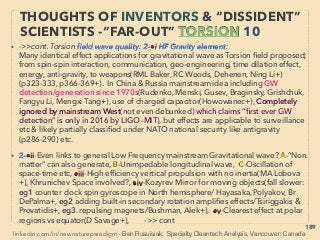 189
• Torsion vs Thz SIMILARITY 2: Idea itself(not processing method) of “imprinting Thz
wave” to water or silica type matter for wave re-emission: Similar copy principles are:
A- Surveying or scanning takes large energy, but just like catalysis, self oscillation takes
no external energy, B- Needs to adjust imprint carrier frequency to matter’s absorbable
resonating level C- Spin polarity change, D- Alter lattice structure when resonated by
prolonged pulse or incoherent/different wave exposure, E- Oscillation template effect:
cause new resonance to other matter(Vollmers, M Tanaka, Shin’ou, Shima+), sort of like
science illegal simpler way of Negative Index Metamaterial making,
F- Some of wave re-emission effect causes self micro energy/electricity generation,、
Torsion vs Thz DIFFERENCE: "Effect" transferring/imprinting methods, or some effect
characteristics- eg: A- Thz doesn't seem to have “solenoid coil around imprint media” ,
or prolonged resonating laser pulse exposure on lattice structure method like Torsion,
B- Some T-ray effect quickly fades, or easily loses by x-ray/microwave irradiation,
D- T-ray treated silica melts snow faster than untreated one by FIR/Thz wave emitting,
Some products demonstrate every time: Can it be more aptly explained than by
Quantum Melting macroscopic effect/"Lindemann ratio gap"?, ie macroscopic
example of quantum ﬂuctuation/ZPE,(also p16,17, p238, p297-2)、
C- Thz wave is blocked by metal: limited imprinting ability, but Torsion wave
penetrates all matter, E- Some bio effect of FIR/Thz imprinted device seems much
stronger than Torsion imprinted matter, F- Thz can increase insulation factor & reduce
water condensation on glass(Muneta+) -->>cont:
INVENTORS & “DISSIDENT” SCIENTISTS
“FAR-OUT IDEA” - TORSION & THZ 4
 