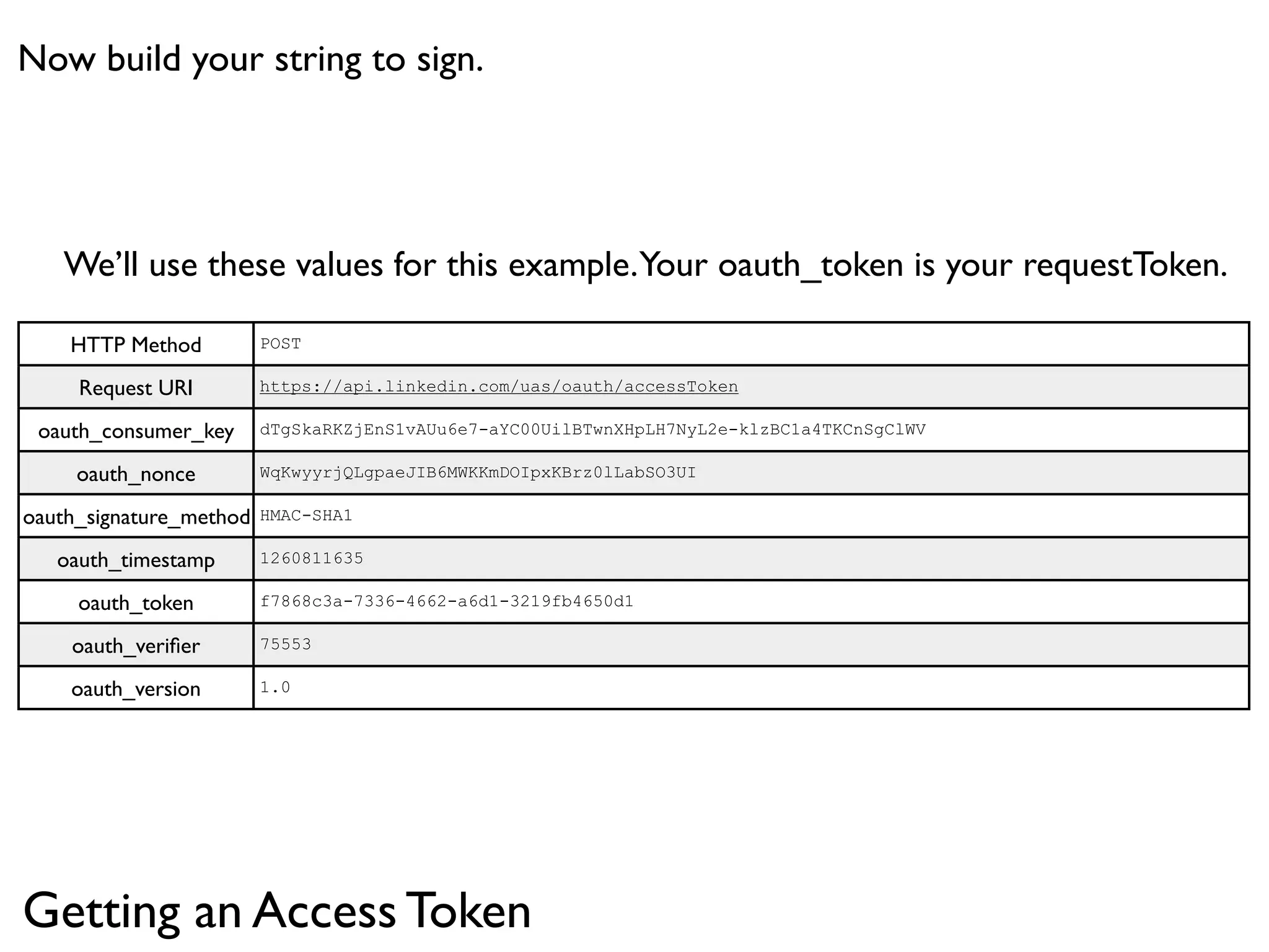 Now build your string to sign.




   We’ll use these values for this example. Your oauth_token is your requestToken.

    HTTP Method          POST

     Request URI         https://api.linkedin.com/uas/oauth/accessToken

 oauth_consumer_key      dTgSkaRKZjEnS1vAUu6e7-aYC00UilBTwnXHpLH7NyL2e-klzBC1a4TKCnSgClWV

     oauth_nonce         WqKwyyrjQLgpaeJIB6MWKKmDOIpxKBrz0lLabSO3UI

oauth_signature_method   HMAC-SHA1

   oauth_timestamp       1260811635

     oauth_token         f7868c3a-7336-4662-a6d1-3219fb4650d1

    oauth_veriﬁer        75553

    oauth_version        1.0




Getting an Access Token
 