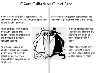 OAuth Callback vs. Out of Band


After authorizing your application, the     After authorizing your application, the
user will be sent to the URL you speciﬁed   member is presented with a PIN code.
as the oauth_callback.

Your callback will receive                                  In your application, you
an oauth_token and                                          should now present a UI
oauth_token_secret; these                                   allowing the user to
are the same as your                                        hand-enter the PIN
request tokens.                                             code.

You’ll also receive an                                      After receiving the PIN
oauth_veriﬁer parameter,                                    code, you’ll be using it
which you will need to                                      for the accessToken step
attach as part of your                                      as the oauth_veriﬁer.
accessToken request in the
next step.
 