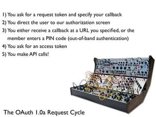 1) You ask for a request token and specify your callback
2) You direct the user to our authorization screen
3) You either receive a callback at a URL you speciﬁed, or the
   member enters a PIN code (out-of-band authentication)
4) You ask for an access token
5) You make API calls!




The OAuth 1.0a Request Cycle
 