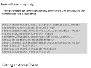 Now build your string to sign.

These parameters get sorted alphabetically, each value is URL escaped, and than
concatenated into a single string.



POST&https%3A%2F%2Fapi.linkedin.com%2Fuas%2Foauth
%2FaccessToken&oauth_consumer_key
%3DdTgSkaRKZjEnS1vAUu6e7-aYC00UilBTwnXHpLH7NyL2e-
klzBC1a4TKCnSgClWV%26oauth_nonce
%3DWqKwyyrjQLgpaeJIB6MWKKmDOIpxKBrz0lLabSO3UI
%26oauth_signature_method%3DHMAC-
SHA1%26oauth_timestamp%3D1260811635%26oauth_token
%3Df7868c3a-7336-4662-
a6d1-3219fb4650d1%26oauth_verifier
%3D75553%26oauth_version%3D1.0




Getting an Access Token
 