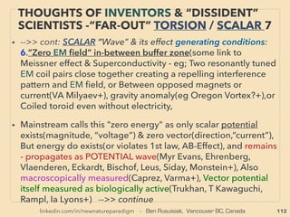 linkedin.com/in/newnatureparadigm - Ben Rusuisiak, Vancouver BC, Canada 112
“INVENTOR PSEUDO SCIENCE” FREE ENERGY
1,2 AMBIENT ELECTRICITY & BACK EMF 3
• -->>1-non moving coil Ambient, 2-“Magnetic Motor”:
➢ Common in 1&2: Often separate source power & charge battery/
capacitor used, Some need external power. Bypassing regular “self-
cancel dipole power circuit” in order to keep asymmetry & electron
ﬂow, Energy output exceeds input when reach threshold level, 、
➢ Often claimed anomaly in 1: mix of Regular & Cold electricity:
(Obolensky+),
●“Electron Vortex” idea: a-Ball lightning as its manifestation,
b-Electrons can be in vortex form by default(Tewari+),
c-Tesla Coil as electron vortex generator,
●Positive & Reverse energy: Bulb lights up in water, White light, Rapid
battery charge, Fix some dead batteries, Can be single wire(Zenneck
wave relation?, also see p163) & wireless connection, Voltage with 0
current(easy excuse to call it fraud since only resistance is measured
but no current is measured), Invisible force radiates -->>cont:
 