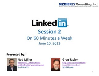Session 2
On 60 Minutes a Week
June 10, 2013
Ned Miller
Ned Miller's LinkedIn Profile
nmiller@mzbierlyconsulting.com
610-296-4772
Presented by:
Greg Taylor
Greg Taylor's Linkedin Profile
Greg@Connector2.net
585-785-8400
1
 