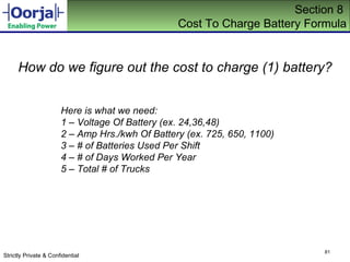 Section 8  Cost To Charge Battery Formula How do we figure out the cost to charge (1) battery? Here is what we need: 1 – Voltage Of Battery (ex. 24,36,48) 2 – Amp Hrs./kwh Of Battery (ex. 725, 650, 1100) 3 – # of Batteries Used Per Shift 4 – # of Days Worked Per Year 5 – Total # of Trucks 