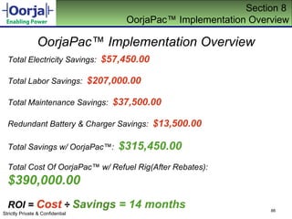 Section 8  OorjaPac ™ Implementation Overview OorjaPac ™ Implementation Overview Total Electricity Savings:  $57,450.00 Total Labor Savings:  $207,000.00 Total Maintenance Savings:  $37,500.00 Redundant Battery & Charger Savings:  $13,500.00 Total Savings w/ OorjaPac ™:  $315,450.00 Total Cost Of OorjaPac™ w/ Refuel Rig(After Rebates):  $390,000.00 ROI =  Cost  ÷  Savings  = 14 months 