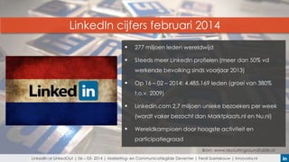 LinkedIn cijfers februari 2014


277 miljoen leden wereldwijd



Steeds meer LinkedIn profielen (meer dan 50% vd
werkende bevolking sinds voorjaar 2013)



Op 16 – 02 – 2014: 4.485.169 leden (groei van 380%
t.o.v. 2009)



Linkedin.com 2,7 miljoen unieke bezoekers per week
(wordt vaker bezocht dan Marktplaats.nl en Nu.nl)



Wereldkampioen door hoogste activiteit en
participatiegraad
Bron: www.recruitingroundtable.nl

LinkedIn or LinkedOut | 06 – 03- 2014 | Marketing- en Communicatiegilde Deventer | Ferdi Soetekouw | Innovata.nl

 