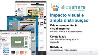 21
Impacto visual e
ampla distribuição
Crie uma experiência
visual imersiva
exibindo vídeos e apresentações
Colete leads
com formulários integrados ao
conteúdo
Distribua
nas principais redes sociais
 
