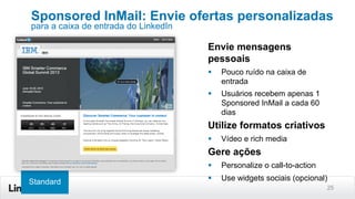 25
Envie mensagens
pessoais
§  Pouco ruído na caixa de
entrada
§  Usuários recebem apenas 1
Sponsored InMail a cada 60
dias
Utilize formatos criativos
§  Vídeo e rich media
Gere ações
§  Personalize o call-to-action
§  Use widgets sociais (opcional)
Sponsored InMail: Envie ofertas personalizadas
para a caixa de entrada do LinkedIn
Standard
 