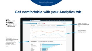 Measuring Success
Get comfortable with your Analytics tab
Track:
●Visitors: Traffic
●Followers:
‘Subscribers’
●Updates: Co...