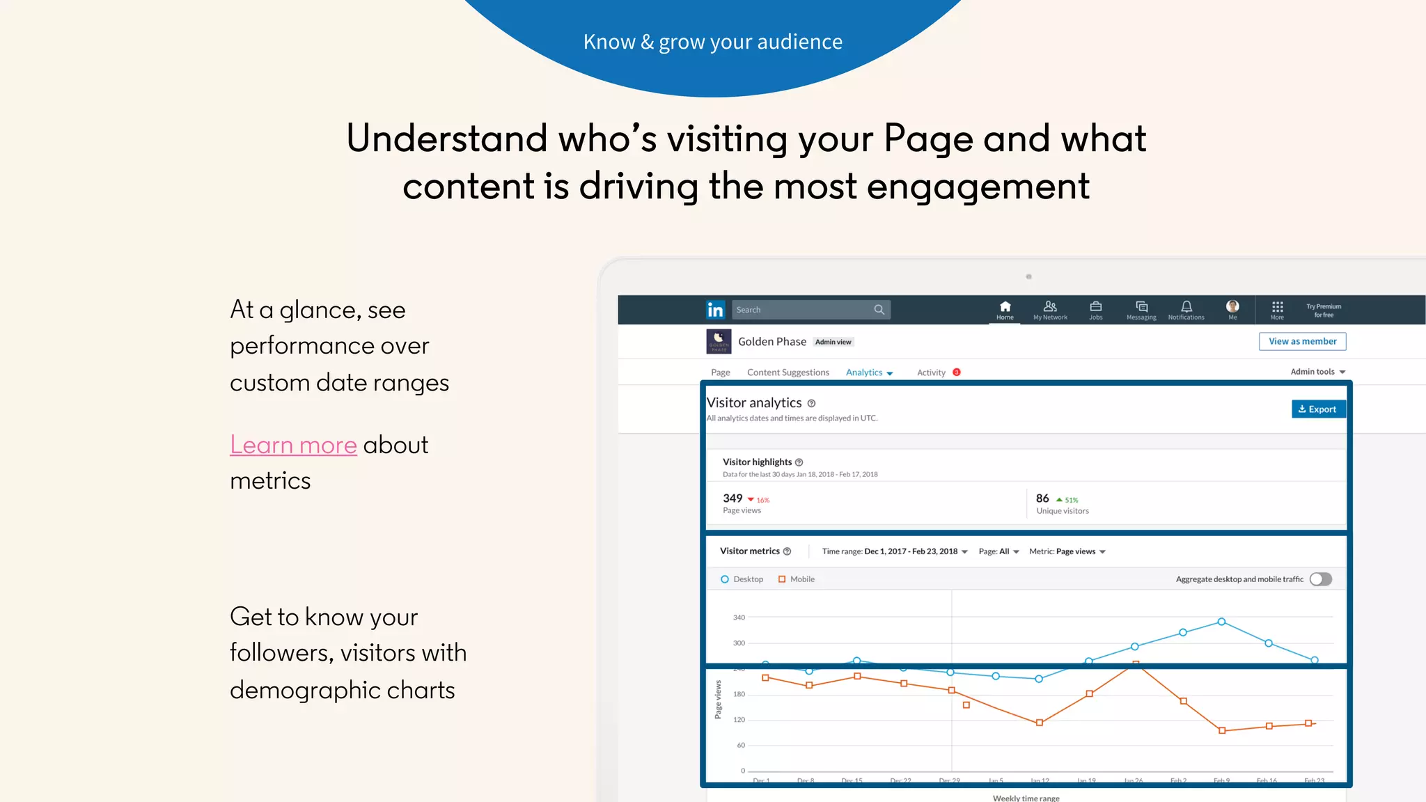 Understand who’s visiting your Page and what
content is driving the most engagement
Learn more about
metrics
At a glance, see
performance over
custom date ranges
Get to know your
followers, visitors with
demographic charts
Know & grow your audience
 