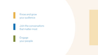 Know and grow
your audience
Join the conversations
that matter most
Engage
your people
 