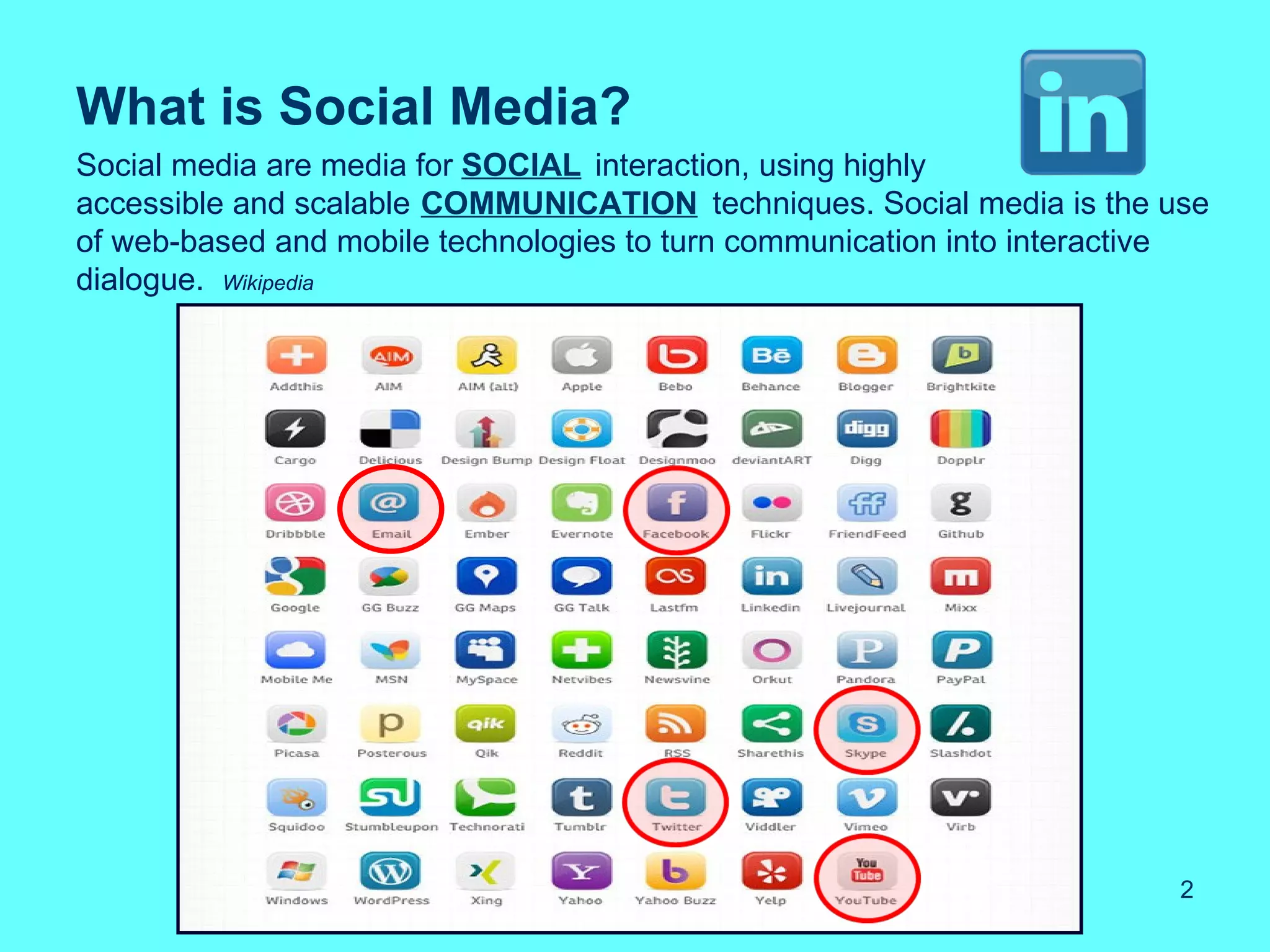 What is Social Media?
Social media are media for SOCIAL interaction, using highly
accessible and scalable COMMUNICATION techniques. Social media is the use
of web-based and mobile technologies to turn communication into interactive
dialogue. Wikipedia




                                                                         2
 