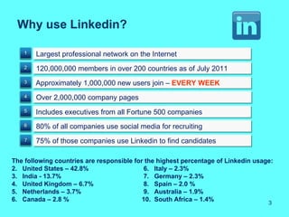Why use Linkedin?

       Largest professional network on the Internet

       120,000,000 members in over 200 countries as of July 2011

       Approximately 1,000,000 new users join – EVERY WEEK

       Over 2,000,000 company pages

       Includes executives from all Fortune 500 companies
       80% of all companies use social media for recruiting

       75% of those companies use Linkedin to find candidates

The following countries are responsible for the highest percentage of Linkedin usage:
2. United States – 42.8%                   6. Italy – 2.3%
3. India - 13.7%                           7. Germany – 2.3%
4. United Kingdom – 6.7%                   8. Spain – 2.0 %
5. Netherlands – 3.7%                      9. Australia – 1.9%
6. Canada – 2.8 %                          10. South Africa – 1.4%
                                                                                   3
 