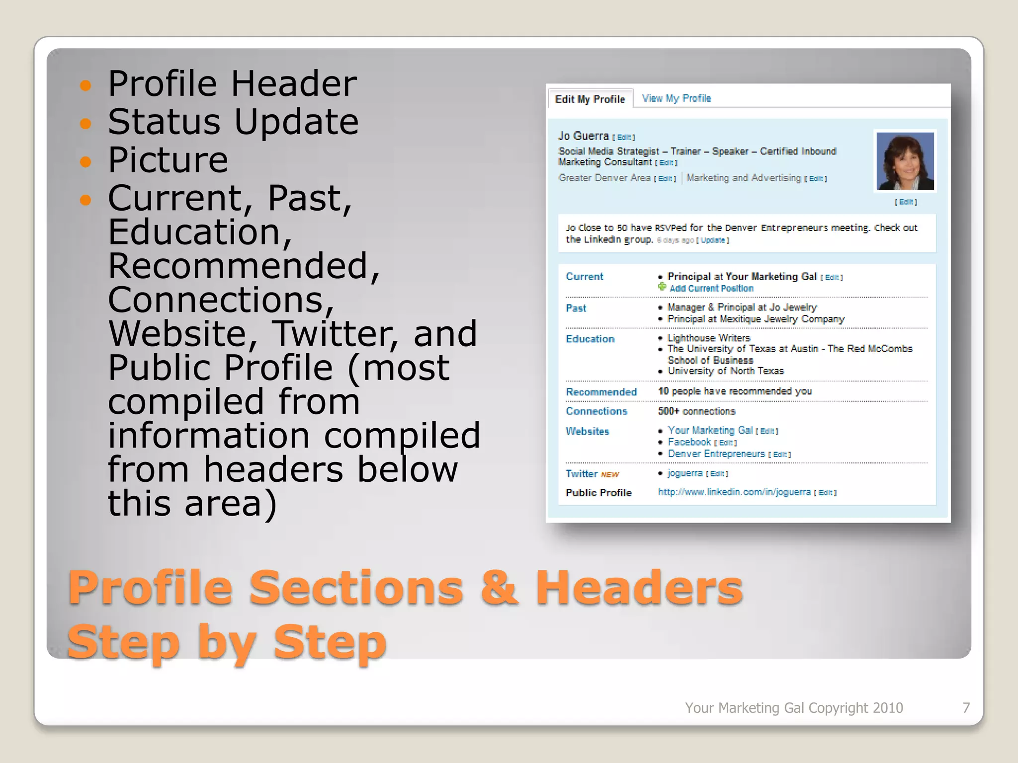 Online community of people with common interestsCan lead to meeting others for businessCan see who is connected to whomFigure out where your “peeps” or community hangs outYour Marketing Gal Copyright 20103User-generated content or consumer generated media