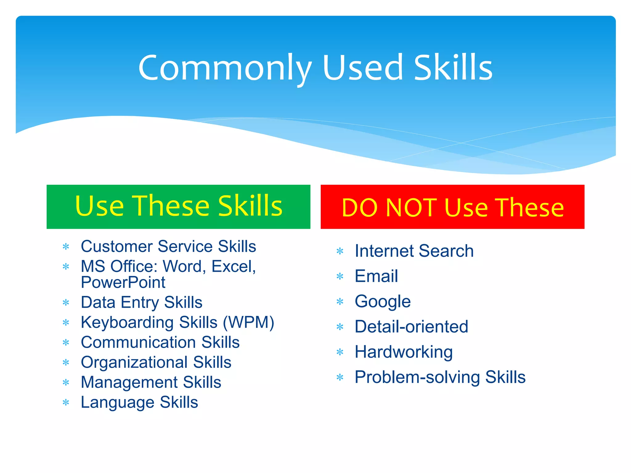 Commonly Used Skills
Use These Skills
 Customer Service Skills
 MS Office: Word, Excel,
PowerPoint
 Data Entry Skills
 Keyboarding Skills (WPM)
 Communication Skills
 Organizational Skills
 Management Skills
 Language Skills
DO NOT Use These
 Internet Search
 Email
 Google
 Detail-oriented
 Hardworking
 Problem-solving Skills
 