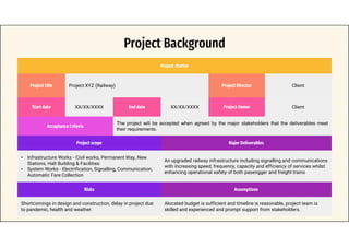 Project Background
Project charter
Project title Project XYZ (Railway) Project Director Client
Start date XX/XX/XXXX End date XX/XX/XXXX Project Owner Client
Acceptance Criteria
The project will be accepted when agreed by the major stakeholders that the deliverables meet
their requirements.
Project scope Major Deliverables
• Infrastructure Works - Civil works, Permanent Way, New
Stations, Halt Building & Facilities
• System Works - Electrification, Signalling, Communication,
Automatic Fare Collection
An upgraded railway infrastructure including signalling and communications
with increasing speed, frequency, capacity and efficiency of services whilst
enhancing operational safety of both pasengger and freight trains
Risks Assumptions
Shortcomings in design and construction, delay in project due
to pandemic, health and weather.
Alocated budget is sufficient and timeline is reasonable, project team is
skilled and experienced and prompt support from stakeholders.
 