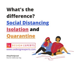 What's the
difference?
Social Distancing
Isolation and
Quarantine
#StopTheSpread
Source: www.npr.org
www.uxdesignexperts.com
 