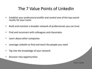 The 7 Value Points of LinkedIn
• Establish your professional profile and control one of the top search
results for your name
• Build and maintain a broader network of professionals you can trust
• Find and reconnect with colleagues and classmates
• Learn about other companies
• Leverage LinkedIn to find and reach the people you need
• Tap into the knowledge of your network
• Discover new opportunities
Source: LinkedIn
 