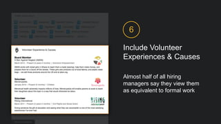 Include Volunteer
Experiences & Causes
6
Almost half of all hiring
managers say they view them
as equivalent to formal work
 