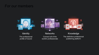 For our members
The professional
profile of record
Connect all of the
world's professionals
Identity Networks Knowledge
The definitive professional
publishing platform
 