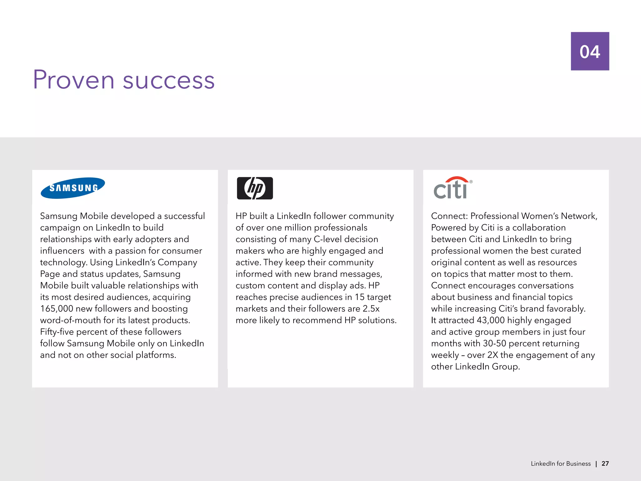 04
Samsung Mobile developed a successful
campaign on LinkedIn to build
relationships with early adopters and
influencers with a passion for consumer
technology. Using LinkedIn’s Company
Page and status updates, Samsung
Mobile built valuable relationships with
its most desired audiences, acquiring
165,000 new followers and boosting
word-of-mouth for its latest products.
Fifty-five percent of these followers
follow Samsung Mobile only on LinkedIn
and not on other social platforms.
HP built a LinkedIn follower community
of over one million professionals
consisting of many C-level decision
makers who are highly engaged and
active. They keep their community
informed with new brand messages,
custom content and display ads. HP
reaches precise audiences in 15 target
markets and their followers are 2.5x
more likely to recommend HP solutions.
Connect: Professional Women’s Network,
Powered by Citi is a collaboration
between Citi and LinkedIn to bring
professional women the best curated
original content as well as resources
on topics that matter most to them.
Connect encourages conversations
about business and financial topics
while increasing Citi’s brand favorably.
It attracted 43,000 highly engaged
and active group members in just four
months with 30-50 percent returning
weekly – over 2X the engagement of any
other LinkedIn Group.
Proven success
LinkedIn for Business | 27
 