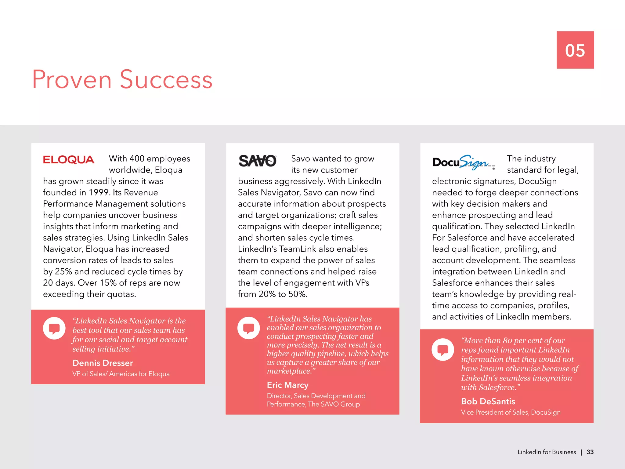 05
Proven Success
With 400 employees
worldwide, Eloqua
has grown steadily since it was
founded in 1999. Its Revenue
Performance Management solutions
help companies uncover business
insights that inform marketing and
sales strategies. Using LinkedIn Sales
Navigator, Eloqua has increased
conversion rates of leads to sales
by 25% and reduced cycle times by
20 days. Over 15% of reps are now
exceeding their quotas.
“LinkedIn Sales Navigator is the
best tool that our sales team has
for our social and target account
selling initiative.”
Dennis Dresser
VP of Sales/ Americas for Eloqua
Savo wanted to grow
its new customer
business aggressively. With LinkedIn
Sales Navigator, Savo can now find
accurate information about prospects
and target organizations; craft sales
campaigns with deeper intelligence;
and shorten sales cycle times.
LinkedIn’s TeamLink also enables
them to expand the power of sales
team connections and helped raise
the level of engagement with VPs
from 20% to 50%.
“LinkedIn Sales Navigator has
enabled our sales organization to
conduct prospecting faster and
more precisely. The net result is a
higher quality pipeline, which helps
us capture a greater share of our
marketplace.”
Eric Marcy
Director, Sales Development and
Performance,The SAVO Group
The industry
standard for legal,
electronic signatures, DocuSign
needed to forge deeper connections
with key decision makers and
enhance prospecting and lead
qualification. They selected LinkedIn
For Salesforce and have accelerated
lead qualification, profiling, and
account development. The seamless
integration between LinkedIn and
Salesforce enhances their sales
team’s knowledge by providing real-
time access to companies, profiles,
and activities of LinkedIn members.
“More than 80 per cent of our
reps found important LinkedIn
information that they would not
have known otherwise because of
LinkedIn’s seamless integration
with Salesforce.”
Bob DeSantis
Vice President of Sales, DocuSign
LinkedIn for Business | 33
 