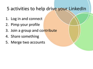 5 activities to help drive your LinkedIn
1. Log in and connect
2. Pimp your profile
3. Join a group and contribute
4. Share something
5. Merge two accounts