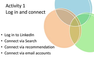 Activity 1
Log in and connect
• Log in to LinkedIn
• Connect via Search
• Connect via recommendation
• Connect via email accounts