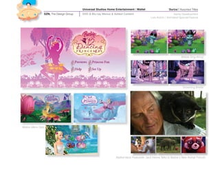 Universal Studios Home Entertainment / Mattel                    ‘Barbie’/ Assorted Titles
               DZN, The Design Group   DVD & Blu-ray Menus & Added Content                                   Game Development
                                                                                          Live Action / Animated Special Feature




                                                                                                                  ‘Bibble Sing-Along’




                                                                                                                   ‘Grooming Brietta’




Motion Menu Sets




                                                               Added-Value Featurette:‘Jack Hanna Talks to Barbie’s New Animal Friends’
 