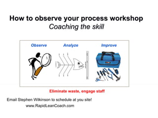 How to observe your process workshopHow to observe your process workshop
Coaching the skillCoaching the skill
Email Stephen Wilkinson to schedule at you site!
www.RapidLeanCoach.com
Observe Analyze Improve
Eliminate waste, engage staff
 