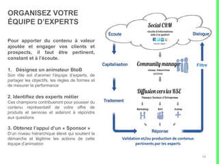 CRÉEZ VOTRE LIGNE ÉDITORIALE POUR APPORTER
DE LA VALEUR À VOS MEMBRES ET VOTRE CIBLE
Produisez du contenu de qualité et
facilement consommable qui
contribue à vos objectif business Contenu lié à
vos objectifs
business
Contenu
qualitatif
Contenu
consommable
Utilisez un mix de contenus
• Photos
• Liens vers articles externes ou blogs
d’entreprises
• Vidéos
• Slideshare
Suivez les performances
Observez les stats de vos publications et
ajustez votre calendrier éditorial
Créez votre calendrier éditorial
Utilisez des thématiques ajustées en
fonction de vos cibles. Utilisez également
les news en temps réel pour contextualiser
vos prises de paroles
16
 