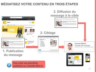 ADRESSEZ LE BON MESSAGE À LA BONNE PERSONNE
Internet
11-50
PlayApp
892
CXO
Marketer
Product
Marketing
Education
Name
31-year-old maleAge
Social MarketingGroupes
Paris/FranceGeo
Entreprise
Nom
Taille
Industrie
Connections
Occupation
Fonction
Poste
Professionnels occupant un
poste de Directeur ou plus
Ex : Décideurs
d’entreprise
560 K
2,6 M
Employé dans une entreprise de
moins de 5 000 personnes
Directeur ou plus dans les
entreprises de moins de 5000
employés
460 K
Niveau
hiérarchique
24
Evitez
l’hypertargeting
 