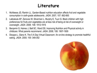LiteratureMcAleese JD, Rankin LL. Garden-Based nutrition education affects fruit and vegetable consumption in sixth-grade adolescents. JADA. 2007; 107: 662-665Lakkakula AP, Zanovec M, Silverman L, Murphy E, Tuuri G. Black children with high preferences for fruits and vegetables are at less risk of being at risk of overweight or overweight. JADA. 2008; 108: 1912-1915Benjamin S, Haines J, Ball SC, Ward DS. Improving Nutrition and Physical activity in childcare: What parents recommend. JADA. 2008; 108: 1907-1909Disogra L, Glanz K. The 5 A Day Virtual Classroom: An on-line strategy to promote healthful eating. JADA. 2000; 100: 349-352