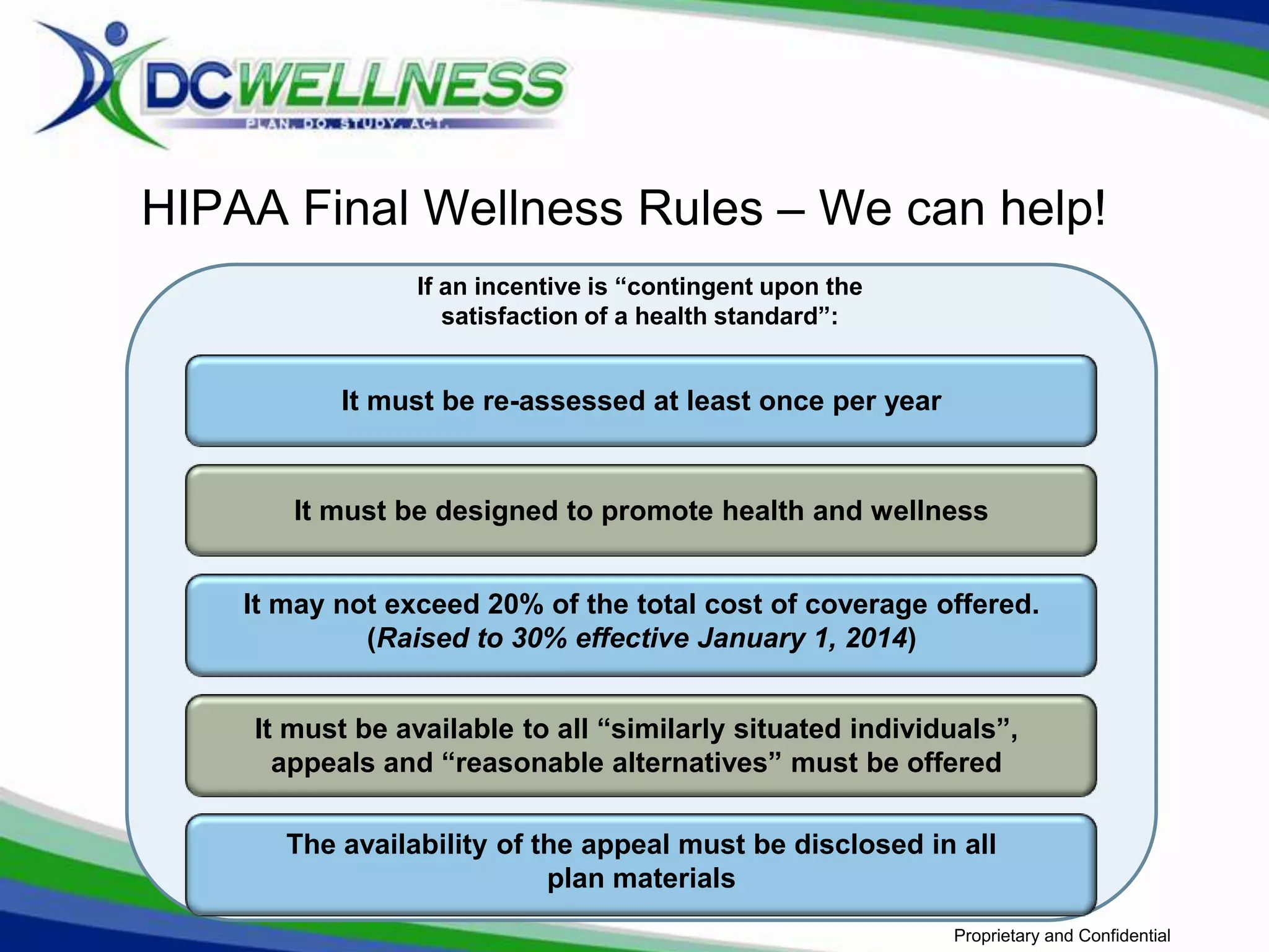 HIPAA Final Wellness Rules – We can help!
                 If an incentive is “contingent upon the
                    satisfaction of a health standard”:


           It must be re-assessed at least once per year


       It must be designed to promote health and wellness


    It may not exceed 20% of the total cost of coverage offered.
             (Raised to 30% effective January 1, 2014)


    It must be available to all “similarly situated individuals”,
      appeals and “reasonable alternatives” must be offered

       The availability of the appeal must be disclosed in all
                            plan materials
                                                           Proprietary and Confidential
 