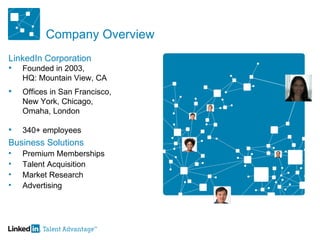Company Overview Business Solutions Premium Memberships Talent Acquisition Market Research Advertising LinkedIn Corporation Founded in 2003,  HQ: Mountain View, CA Offices in San Francisco,  New York, Chicago,  Omaha, London 340+ employees 