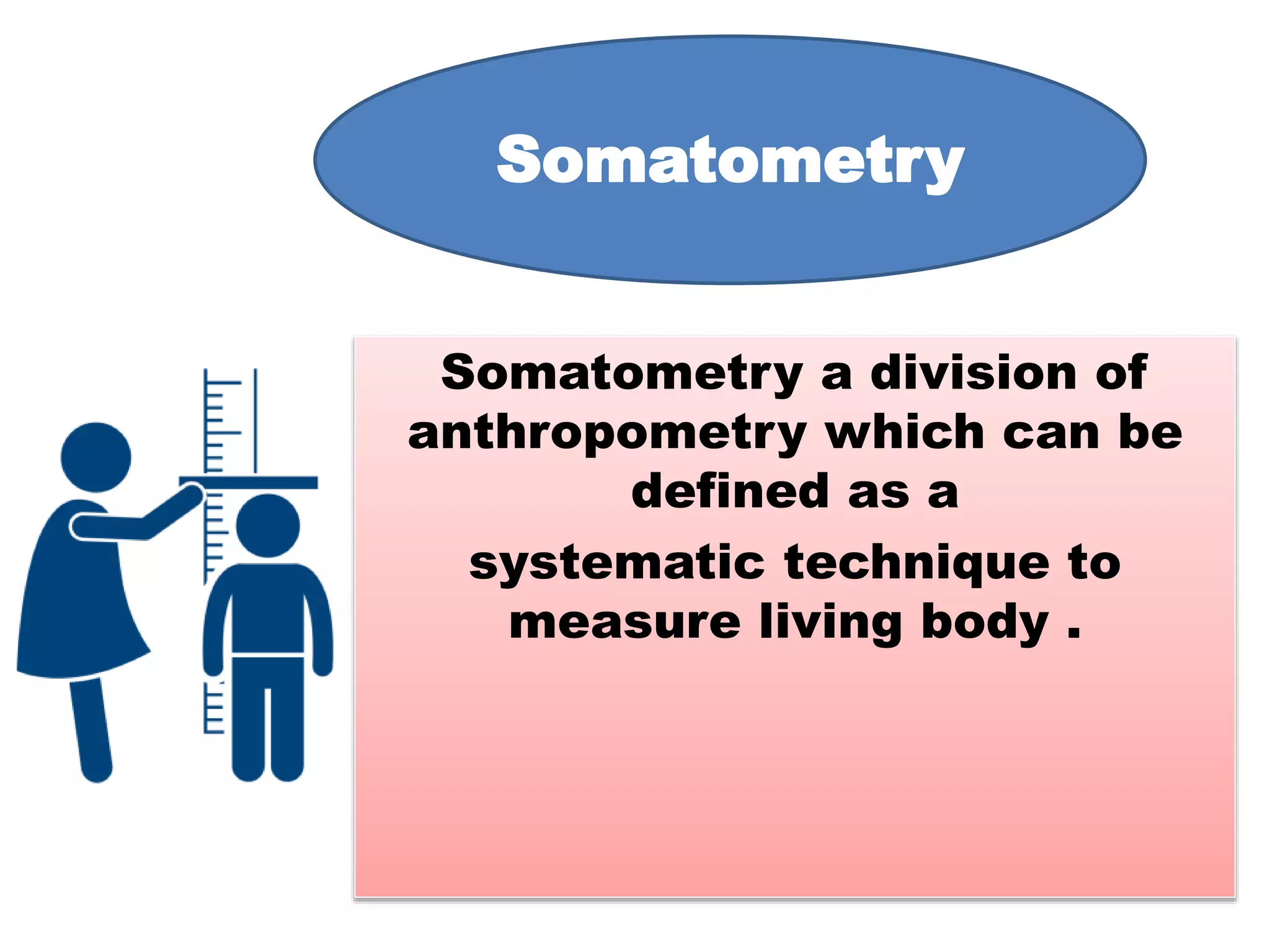 Somatometry a division of
anthropometry which can be
defined as a
systematic technique to
measure living body .
Somatometry
 