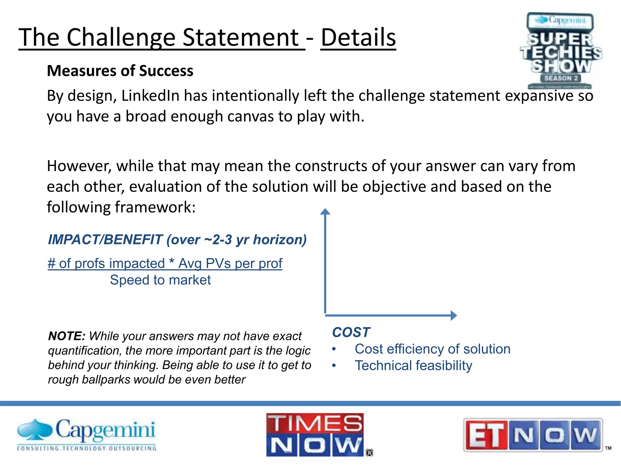 The Challenge Statement - Details
Measures of Success
By design, LinkedIn has intentionally left the challenge statement expansive so
you have a broad enough canvas to play with.
However, while that may mean the constructs of your answer can vary from
each other, evaluation of the solution will be objective and based on the
following framework:
IMPACT/BENEFIT (over ~2-3 yr horizon)
# of profs impacted * Avg PVs per prof
Speed to market

NOTE: While your answers may not have exact
quantification, the more important part is the logic
behind your thinking. Being able to use it to get to
rough ballparks would be even better

COST
• Cost efficiency of solution
• Technical feasibility

 