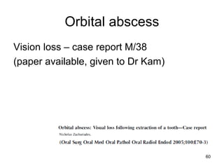 60
Orbital abscess
Vision loss – case report M/38
(paper available, given to Dr Kam)
 