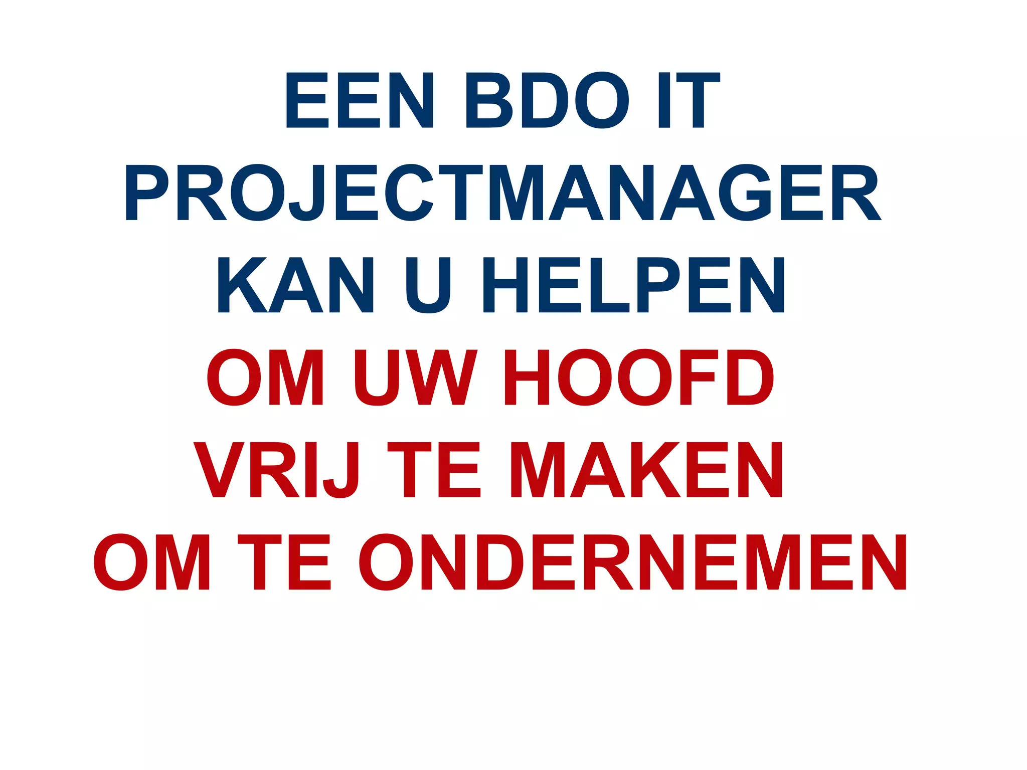 EEN BDO IT PROJECTMANAGER   KAN U HELPEN OM UW HOOFD  VRIJ TE MAKEN  OM TE ONDERNEMEN 