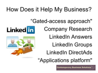 How Does it Help My Business? “ Gated-access approach" Company Research LinkedIn Answers LinkedIn Groups LinkedIn DirectAds “ Applications platform" 