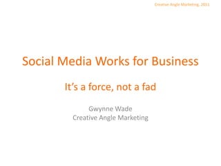 Social Media Works for Business It’s a force, not a fad Gwynne Wade Creative Angle Marketing 