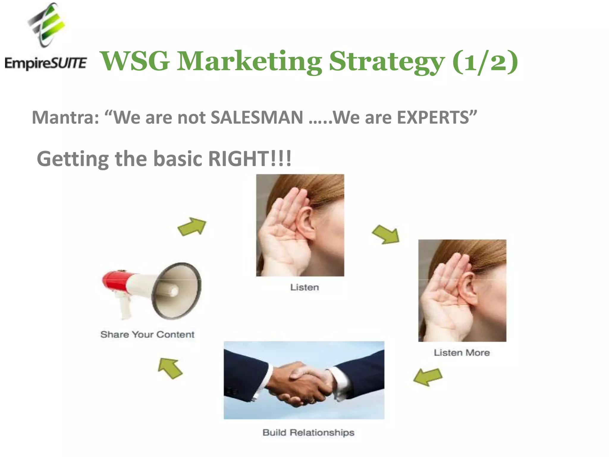 WSG Marketing Strategy (1/2)Mantra: “We are not SALESMAN …..We are EXPERTS”Getting the basic RIGHT!!!