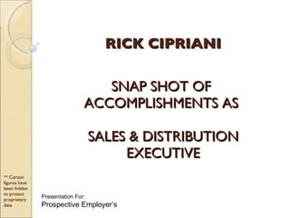RICK CIPRIANI SNAP SHOT OF  ACCOMPLISHMENTS AS  SALES & DISTRIBUTION EXECUTIVE ** Certain figures have been hidden to protect proprietary data Presentation For: Prospective Employer’s 
