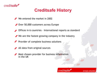 We entered the market in 2002 Over 50,000 customers across Europe Offices in 6 countries – International reports as standard We are the fastest growing company in the industry Provider of complete business solutions All data from original sources Most chosen provider for business information  in the UK Creditsafe History 