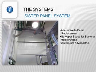 THE SYSTEMS
SISTER PANEL SYSTEM


              •Alternative to Panel
               Replacement
              •No Vapor Space for Bacteria
               Mold or Algae
              •Waterproof & Monolithic
 