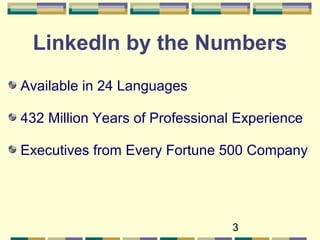 3
LinkedIn by the Numbers
Available in 24 Languages
432 Million Years of Professional Experience
Executives from Every Fortune 500 Company
 