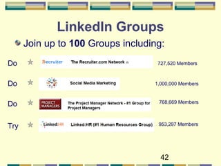 42
LinkedIn Groups
Join up to 100 Groups including:
727,520 Members
1,000,000 Members
Do
Do
Do
953,297 Members
768,669 Members
Try
 