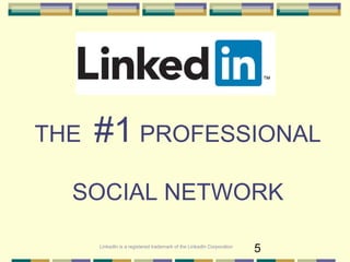 5
THE #1 PROFESSIONAL
SOCIAL NETWORK
LinkedIn is a registered trademark of the LinkedIn Corporation
 